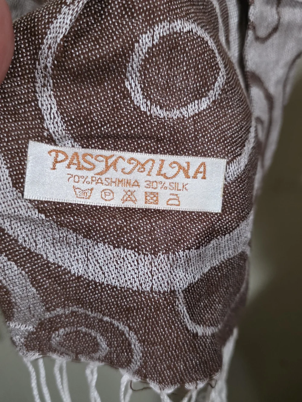 pashmina Light Gray and Brown Circular Pattern Fringe Wrap